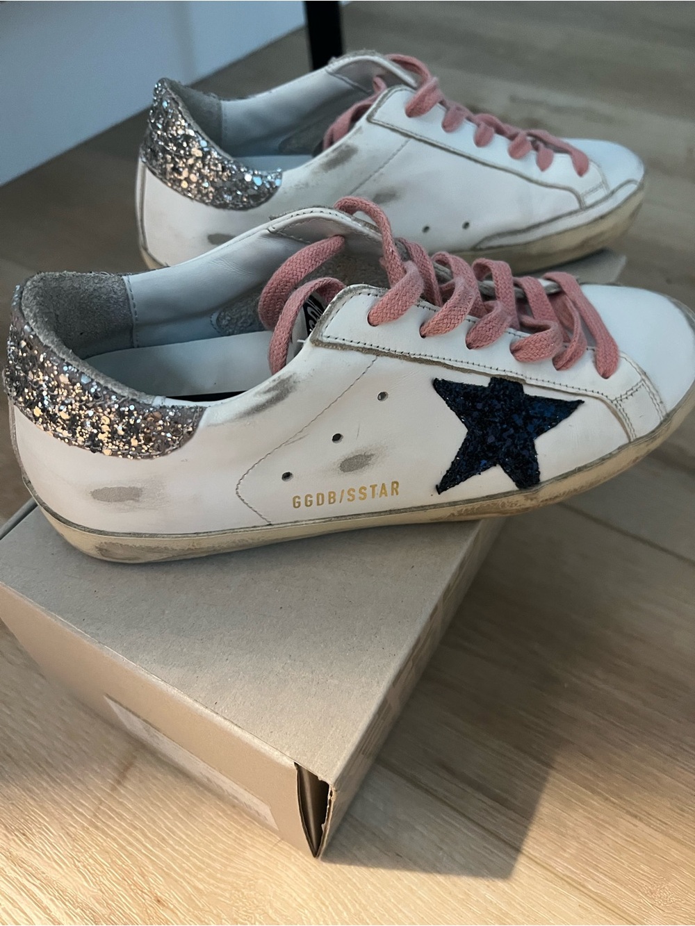Golden Goose White Sneakers with Pink Laces and Navy Star